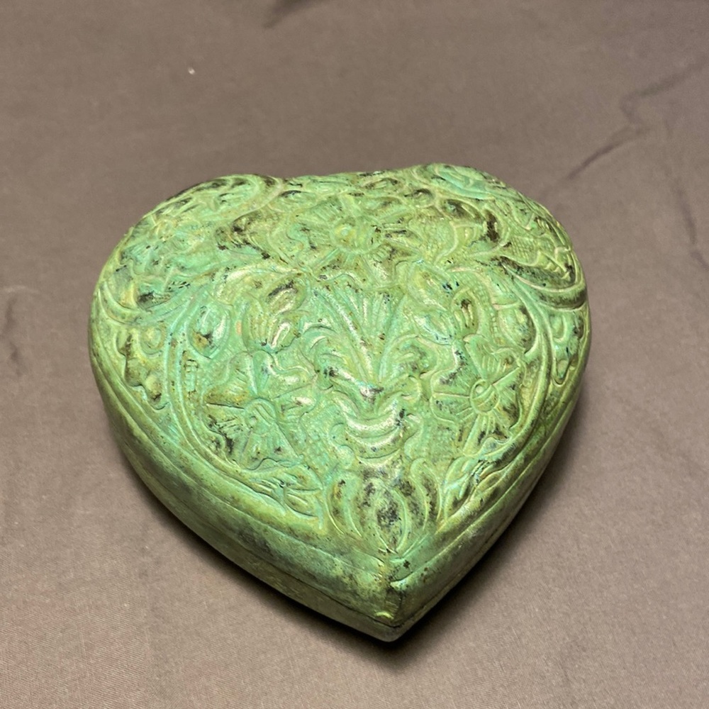 Heart Shaped Brass Trinket Box with Verdigris Patina